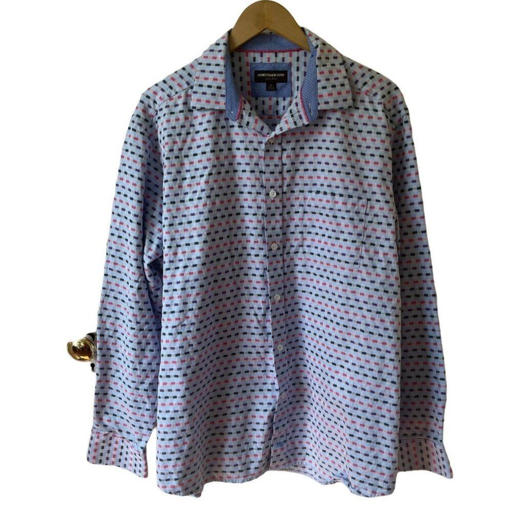 Johnston and Murphy Shirt Mens XL Button Up Light Blue Colorful Woven Pattern